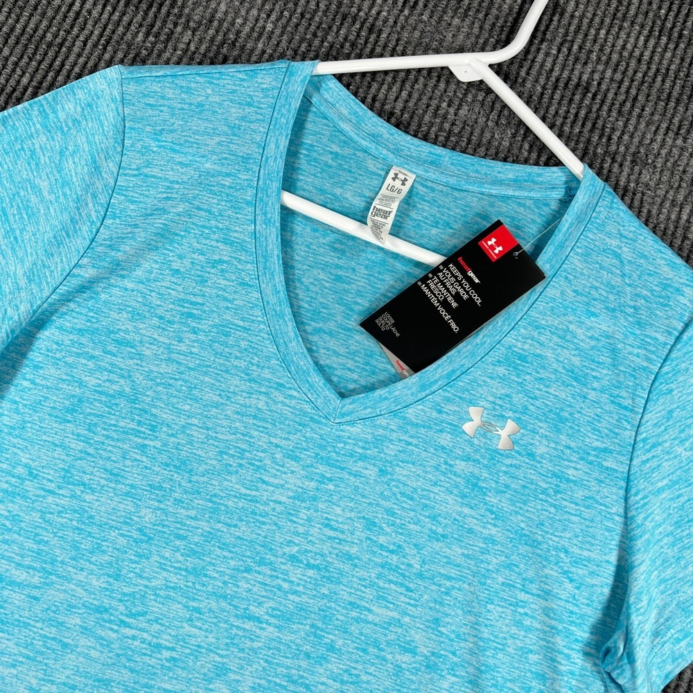 Under Armour Shirt Womens Large Blue Short Sleeve V Neck Loose Fit Heat Gear New